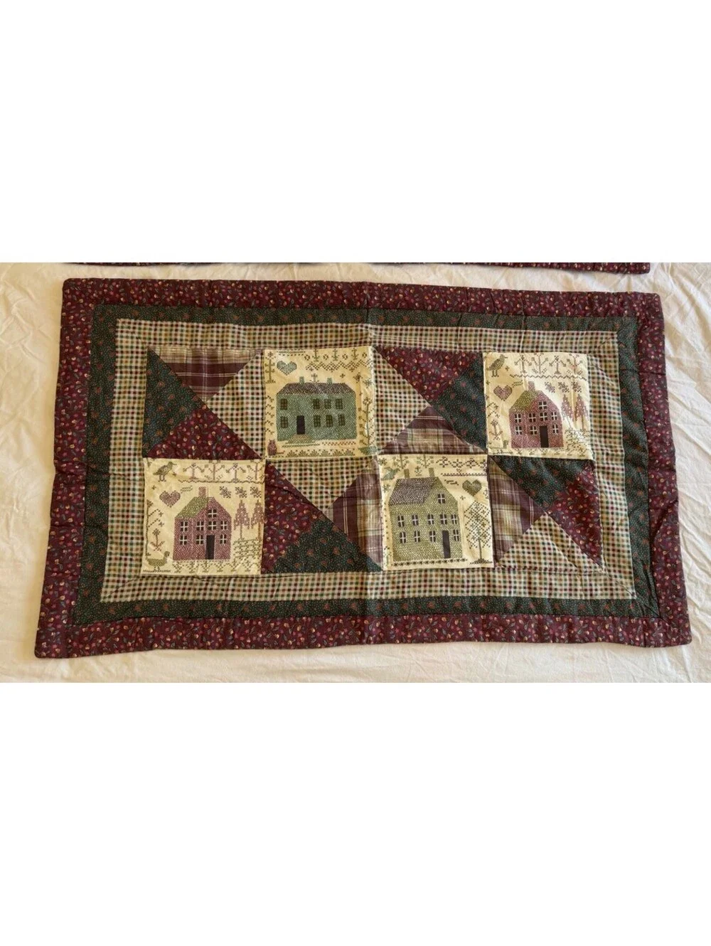 2 VTG Primitive King Quilted Shams Folk Art House Goose Cottagecore Burgundy GUC